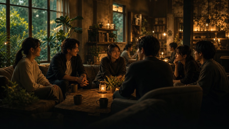 温かな光の中で人々が語り合うコミュニティ空間