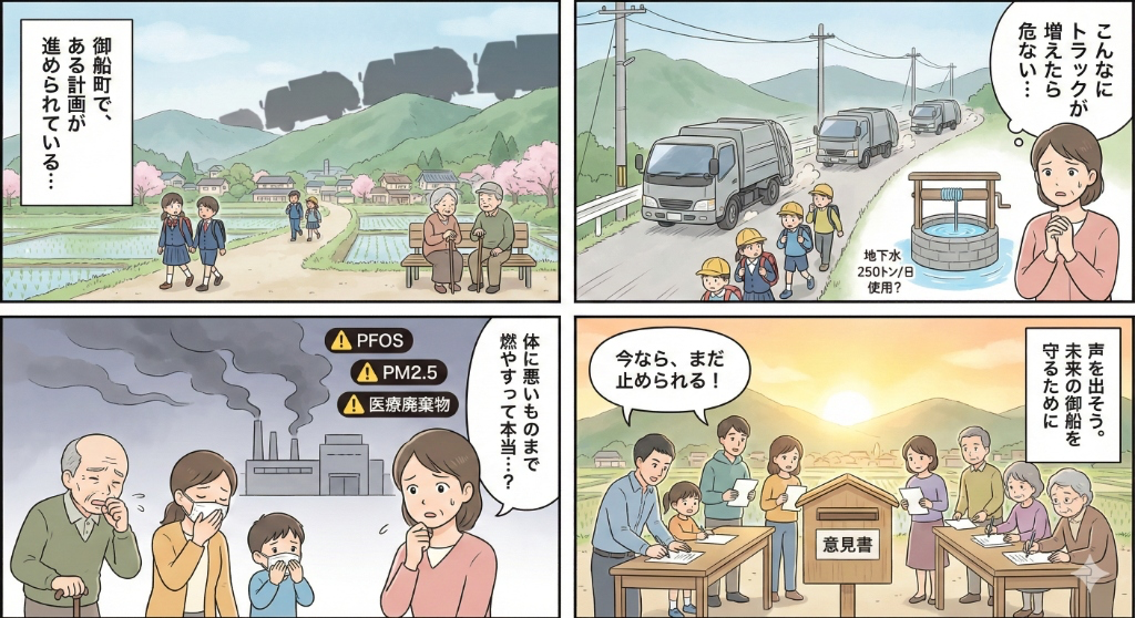 豊かな自然と開発計画の対比マンガ